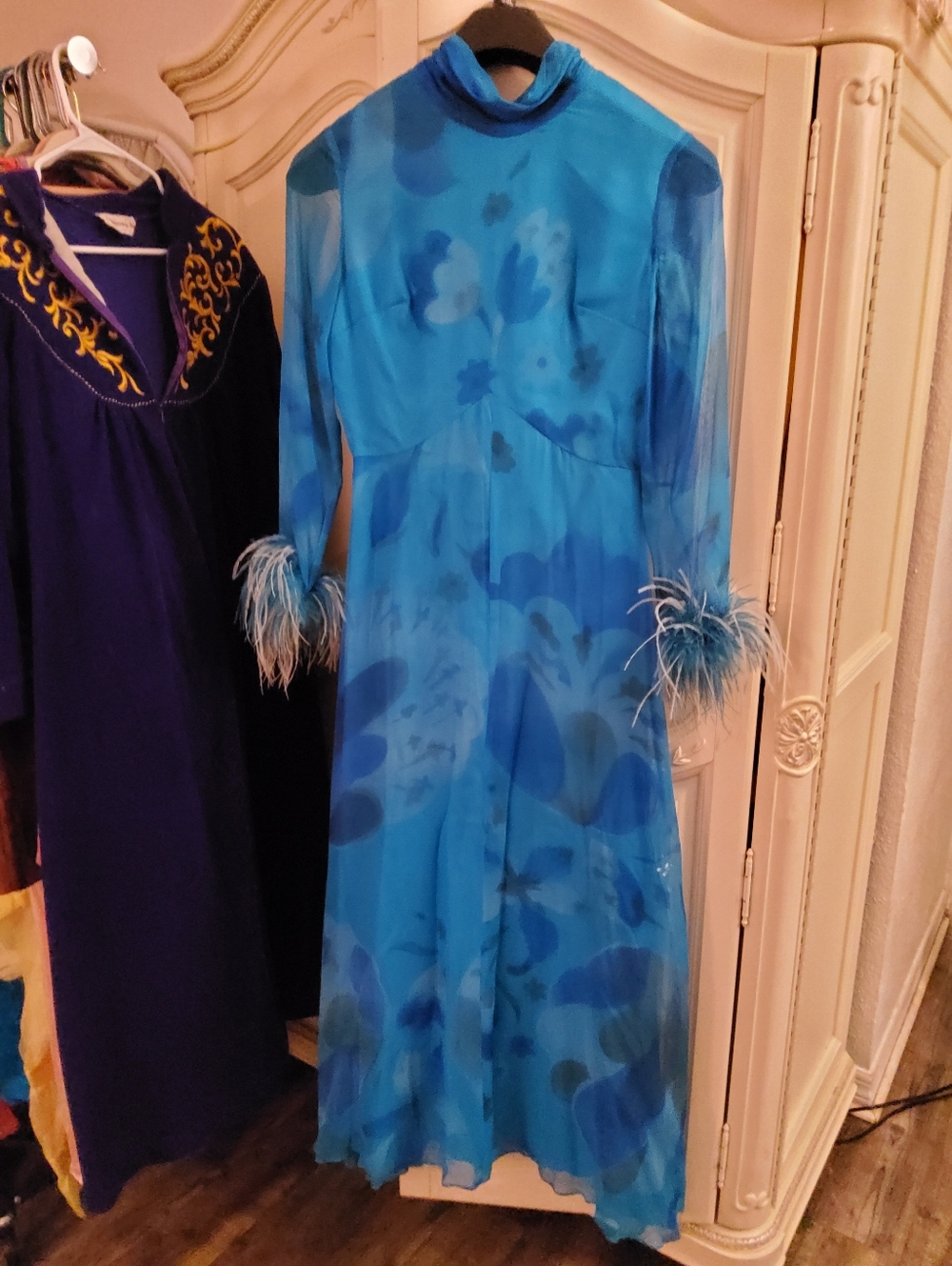 Sold 1970s Silk Blue Feather-Cuff Dress